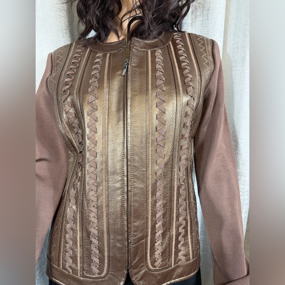 Nygard Collection Petites Brown Leather Panel Zip Jacket Size M (10–12) - Picture 3 of 12